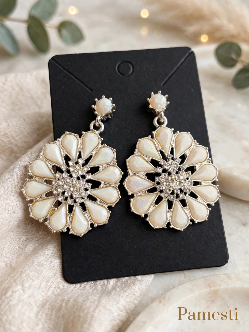 White Opal Floral Drop Earrings
